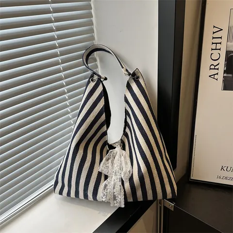 Vintage Canvas Striped Tote Bag With White Lace Bow Large Capacity Shoulder Shopping Bag For Women Casual Daily Use
