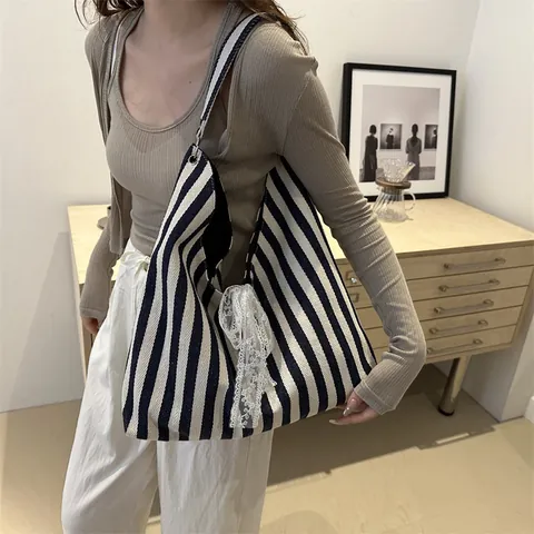 Vintage Canvas Striped Tote Bag With White Lace Bow Large Capacity Shoulder Shopping Bag For Women Casual Daily Use