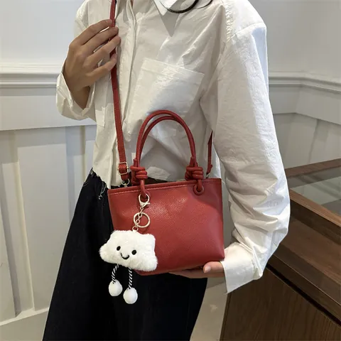 Litchi Grain PU Leather Bucket Bag For Women With Knot Handle And Cloud Plush Charm Fashion Handbag Crossbody Bag