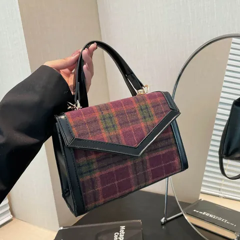 Vintage Plaid Crossbody Bag For Women Tweed PU Leather Patchwork Small Square Shoulder Bag V Flap Gold Hardware Handbag