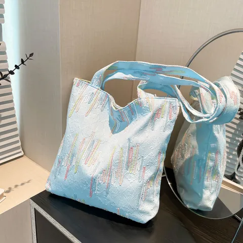 Women Fashion Colorful Embroidery Tote Bag Fabric Large Capacity Shoulder Handbag Daily Commute Chic Trendy Shopper Bag