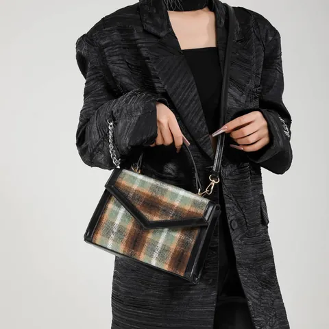Vintage Plaid Crossbody Bag For Women Tweed PU Leather Patchwork Small Square Shoulder Bag V Flap Gold Hardware Handbag