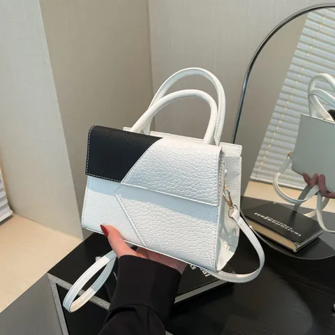 Women's Fashion Patchwork PU Leather Shoulder Bag Crocodile Texture Top Handle Crossbody Square Handbag With Detachable Strap