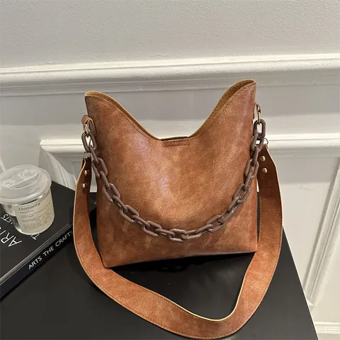 Borsa Tote da Donna Retrò Plicsettata a Grande Capacità in Pelle PU Borsa a Tracolla Sotto braccio Con Catena in Resina