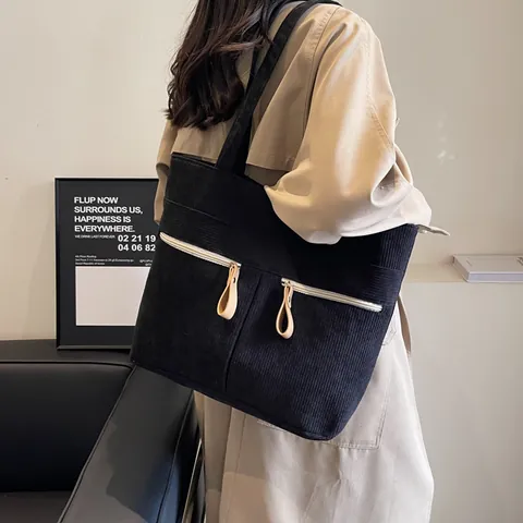 Borsa Tote da Donna in Velluto a Coste Grande Capacità Vintage a Tracolla Con Doppie Tasche Anteriori Casual Pendolare