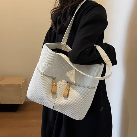 Borsa Tote da Donna in Velluto a Coste Grande Capacità Vintage a Tracolla Con Doppie Tasche Anteriori Casual Pendolare