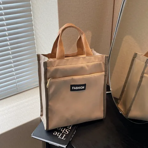 Women Casual Waterproof Canvas Nylon Tote Bag With Contrast Handles Fashion Solid Color Handbag For Daily Office Work Lunch Box Storage Square Purse
