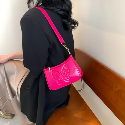 Women Butterfly Embossed Underarm Bag Glossy PU Leather Baguette Bag Retro Chic Metal Chain Handbag Party Daily Bag