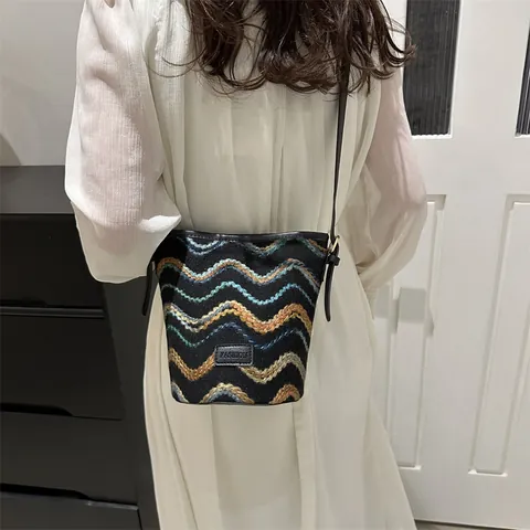 Damen Gestrickte Wellenmuster Beuteltasche Retro Ethno Große Kapazität PU Lederbesatz Schulter Umhängetasche Casual Daily Handtasche
