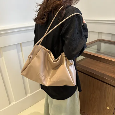 Women Minimalist PU Leather Tote Bag Embossed Letter Large Capacity Underarm Shoulder Bag Slouchy Handbag Daily Commuting Knot Decor