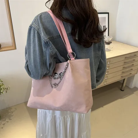 Women's Large Capacity PU Leather Tote Bag With Silver Chain Bow Heart Pendant Metallic Finish Urban Casual Handbag