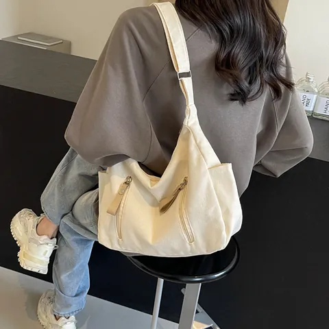 Casual Canvas Large Capacity Shoulder Bag With Double Zipper Solid Color Versatile Crossbody Bag For Women Daily Use Travel