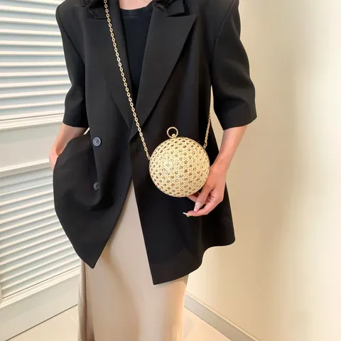 Fashion Ball Shaped Evening Bag Sequin Mesh Woven Chain Sphere Crossbody Bag Round Clutch Purse With Metal Ring Handle For Women Party Wedding