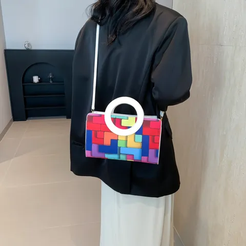 Bolso de Hombro de Cuero PU para Mujer Patrón de Bloques Geométricos Color de Contraste Asa Circular Bolso de Mano de Moda