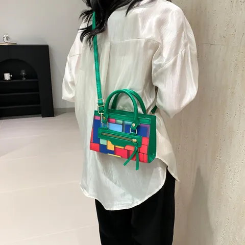 Bolso Bandolera Geométrico de Moda de Bloques de Color Cuero PU Patchwork Bolso Cuadrado Pequeño con Asa y Correa
