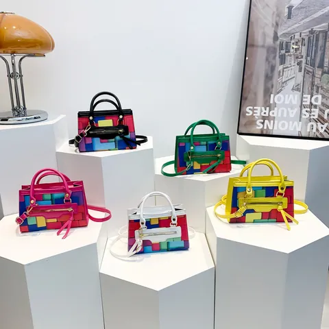 Bolso Bandolera Geométrico de Moda de Bloques de Color Cuero PU Patchwork Bolso Cuadrado Pequeño con Asa y Correa