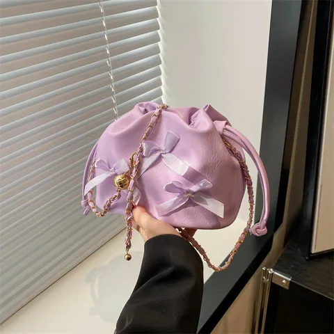 Süße PU Leder Satin Schleife Kordelzug Eimertasche Große Kapazität Kette Schultergurt Umhängetasche Für Damen Täglich Mode