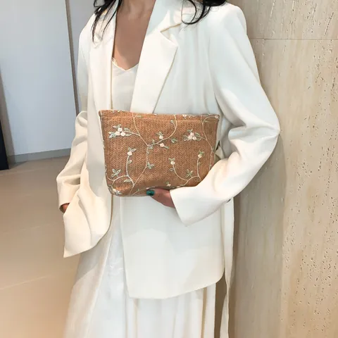 Women Summer Large Capacity Woven Embroidery Flower Handbag Fashion Fabric Zipper Clutch Purse Daily Vacation Travel Hand Bag