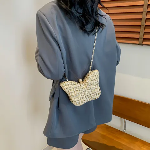 Bolso de Noche de Moda en Forma de Mariposa Para Mujer Bolso de Hombro con Cadena de Estrás y Lentejuelas
