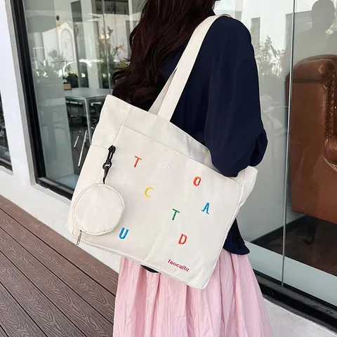 Women Casual Canvas Tote Bag With Colorful Letter Embroidery Large Capacity Shoulder Bag With Detachable Round Coin Purse