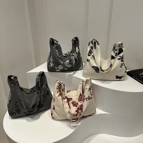 Vintage Butterfly Floral Embroidered Canvas Shoulder Bag For Women Large Capacity Contrast Color Underarm Bag Leisure Tote Bag