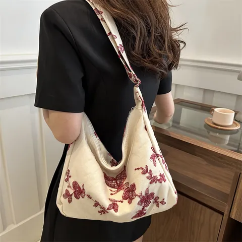 Vintage Butterfly Floral Embroidered Canvas Shoulder Bag For Women Large Capacity Contrast Color Underarm Bag Leisure Tote Bag