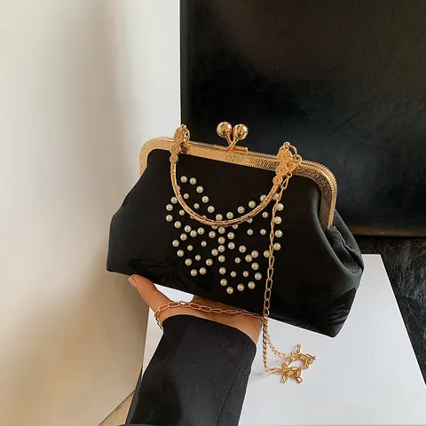 Sac de Soirée en Satin Vintage Avec Papillon en Perles Cadre Métallique Doré Fermoir à Main Femme Mariage Fête Chaîne Sac Coquille