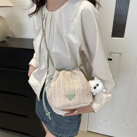 Women Fashion Straw Bucket Bag With Plush Pendant Chain Strap Drawstring Contrast Color Woven Shoulder Crossbody Bag