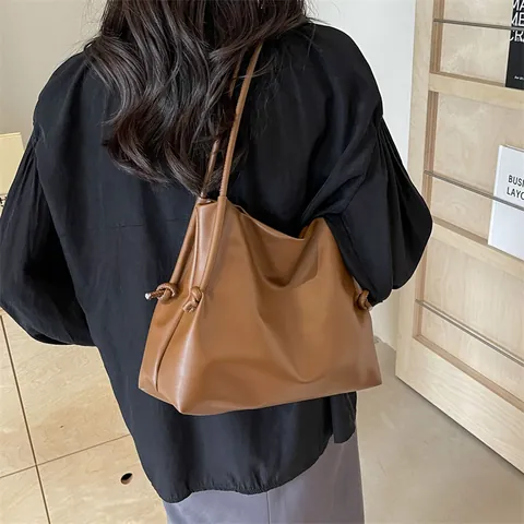 Bolso Tote Minimalista de Cuero PU Suave Gran Capacidad Bolso de Hombro para Viaje Diario Con Nudo de Cordón Lateral Para Mujer