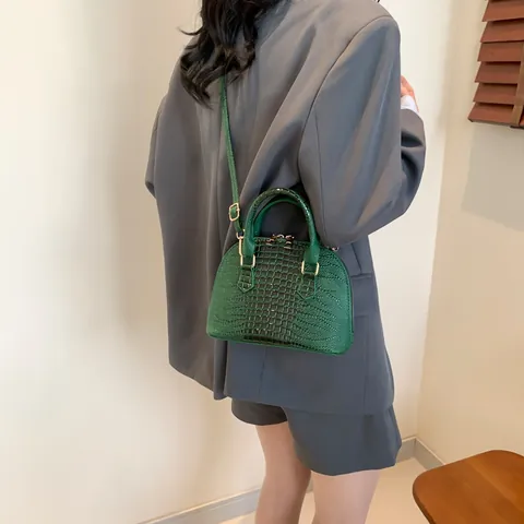 Sac Coquille Vintage pour Femmes Motif Crocodile Sac à Main en Cuir PU Minimaliste Couleur Unie Bandoulière Or