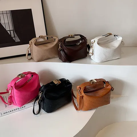 Women's PU Leather Small Square Bag Letter Embossed Shoulder Crossbody Bag With Gold Metal Lock Casual Fashion Handbag