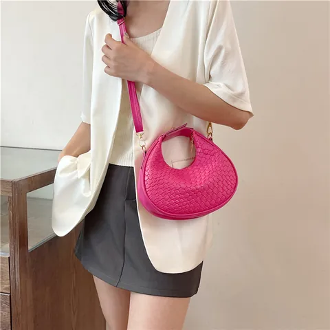 Women Woven Pattern Crescent Hobo Bag Fashion PU Leather Shoulder Bag Underarm Bag With Gold Hardware Daily Handbag
