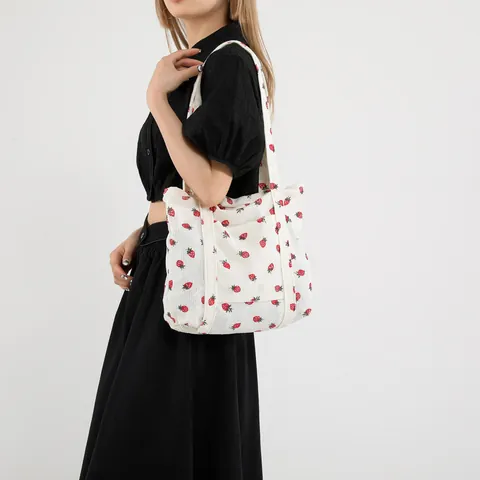 Sac Fourre-Tout En Velours Côtelé Imprimé Fraise Grande Capacité Sac À Main Bandoulière Pour Femme Shopping Quotidien Style Japonais
