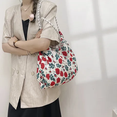 Sac Fourre-tout en Toile Florale pour Femmes Grande Capacité Sac de Shopping Avec Poignée en Corde Style Coréen Sac Bandoulière