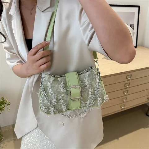 2024 Nuova Borsa Sottobraccio in Tweed da Donna Con Catena in Metallo Cinturino in Pelle Nappine Grande Fibbia Chic Texture Borsa a Spalla