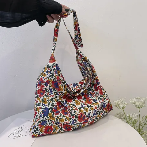Women Stylish Floral Printed Canvas Tote Bag Large Capacity Casual Shoulder Bag Summer Fresh Floral Handbag For Daily Vacation