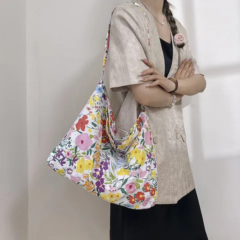 Women Stylish Floral Printed Canvas Tote Bag Large Capacity Casual Shoulder Bag Summer Fresh Floral Handbag For Daily Vacation
