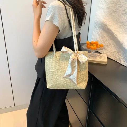 Women Straw Woven Tote Bag Large Capacity Beach Shoulder Bag With Heart Print Scarf Bow Decoration Summer Casual Handbag