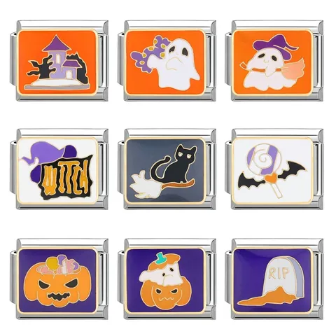 Stainless Steel Halloween Italian Charm Links For Modular Bracelets Enamel Pumpkin Ghost Haunted House DIY Jewelry Gift