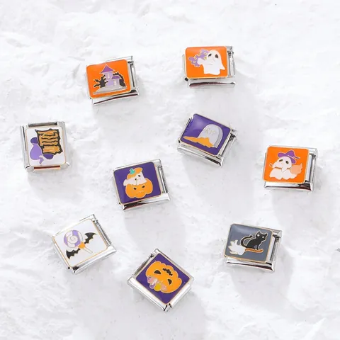 Stainless Steel Halloween Italian Charm Links For Modular Bracelets Enamel Pumpkin Ghost Haunted House DIY Jewelry Gift