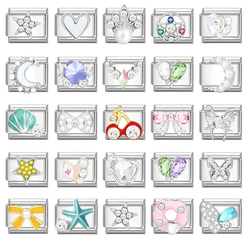 304 Stainless Steel Italian Charm Links For DIY Bracelet Making Enamel Rhinestone Heart Star Moon Crown Jewelry Charms For Women
