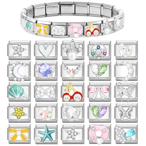 304 Stainless Steel Italian Charm Links For DIY Bracelet Making Enamel Rhinestone Heart Star Moon Crown Jewelry Charms For Women