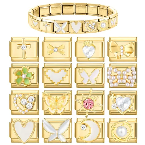 Italienischer Stil Edelstahl Charm Gold Beschichtet Armband Link Mit Emaille Künstliche Perle Strass Für Damen DIY Mode Schmuck Zubehör