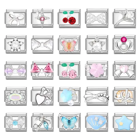 304 Edelstahl Italienische Charm Armbandglieder Blume Herz Stern Schmetterling Schleife Strass Emaille DIY Schmuck Damen