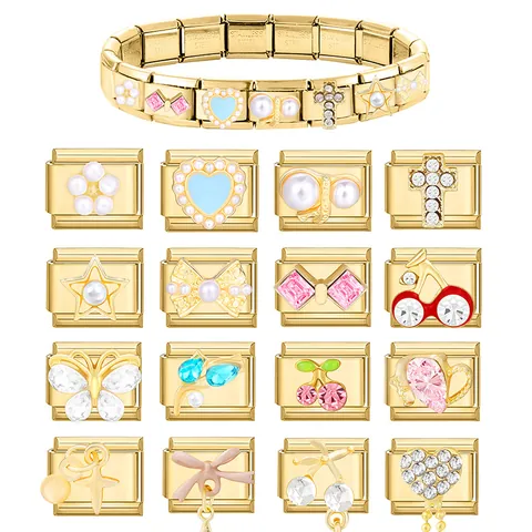 304 Stainless Steel Italian Charm Link For Modular Bracelet DIY Gold Plated Zirconia Rhinestone Artificial Pearl Heart Star Flower Butterfly Jewelry Making Finding