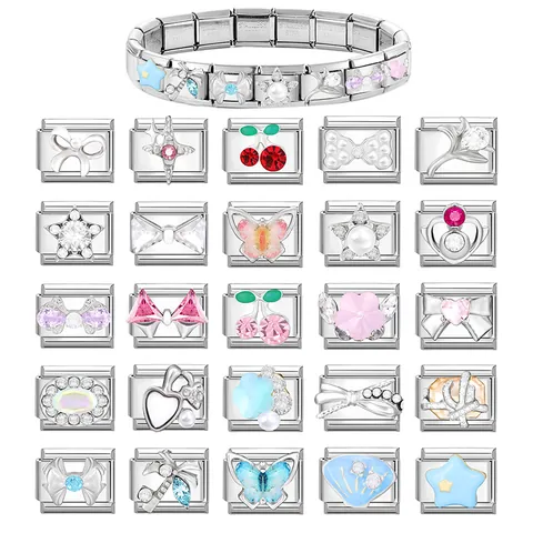 304 Edelstahl Italienische Charm Armbandglieder Blume Herz Stern Schmetterling Schleife Strass Emaille DIY Schmuck Damen