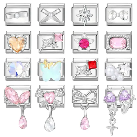 Edelstahl Italienische Charms Armband Glieder Modular DIY Schmuckteile Strass Emaille Herz Schleife Stern Blume Anhänger