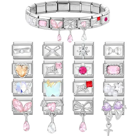 Edelstahl Italienische Charms Armband Glieder Modular DIY Schmuckteile Strass Emaille Herz Schleife Stern Blume Anhänger