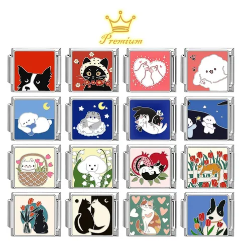 Italian Charm Bracelet Link Stainless Steel Cute Pet Cat Dog Enamel DIY Jewelry Accessory For Modular Bracelet