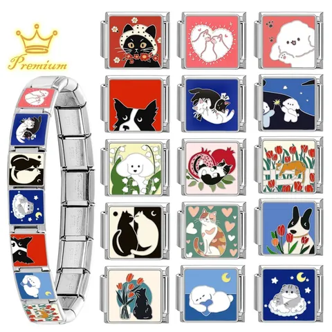 Italian Charm Bracelet Link Stainless Steel Cute Pet Cat Dog Enamel DIY Jewelry Accessory For Modular Bracelet
